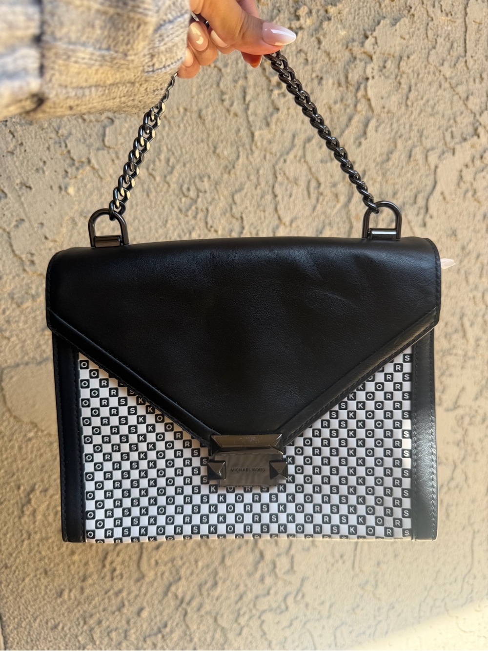 Michael Kors Black & White Logo-Print Leather Satchel